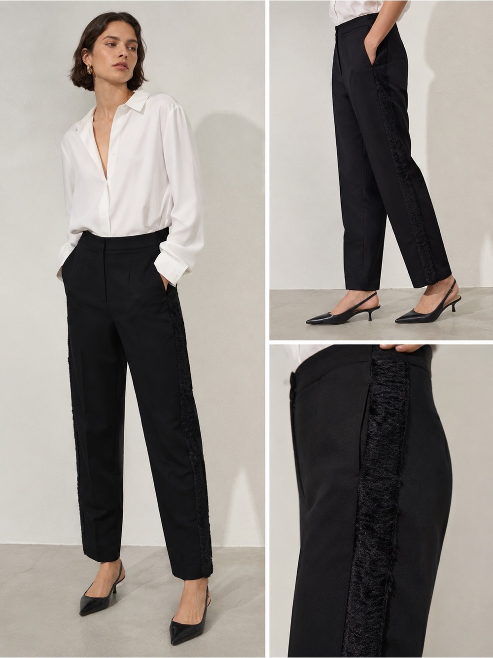 H&M Black Trousers With Flat Tuxedo Side Fringe Size 6 NWOT